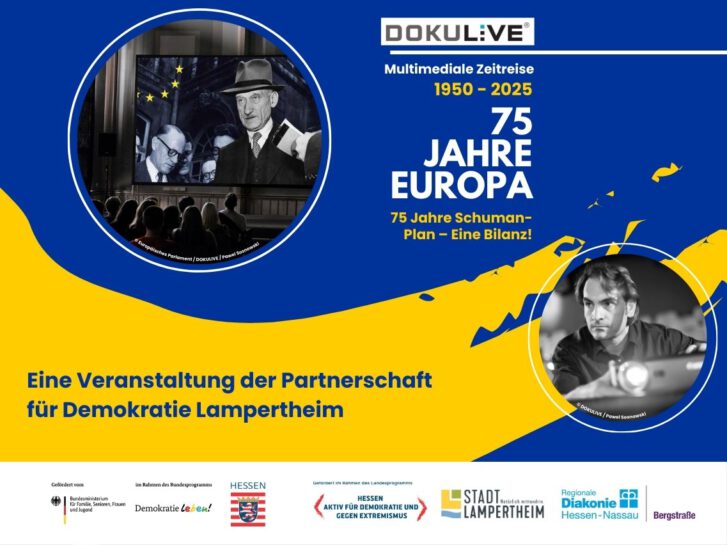 Header: Eine multimediale Zeitreise zum Thema 75. Jahre Europa. Eine Veranstaltung der Partnerschaft für Demokratie in Lampertheim.