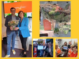 Das Bild stellt eine Collage aus mehren Fotos dar. Links steht Dennis Kramer mit einem Blumenstrauß in der Hand, den er Ute Weber-Schäfer zum Abschied überreicht. Oben rechts wurde der Blumenstrauß und die Dankeskarte auf dem Tisch fotografiert. Zwei kleine Fotos zeigen unten rechts zwei Spendenübergaben an die Tafelmitarbeitenden.