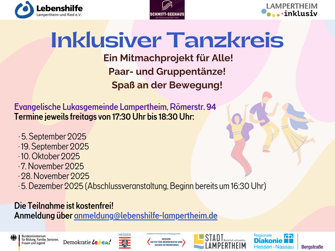 Header: Ankündigung Inklusiver Tanzkreis. Ein Mitmachprojekt für Alle! Paar- und Gruppentänze! Spaß an der Bewegung!