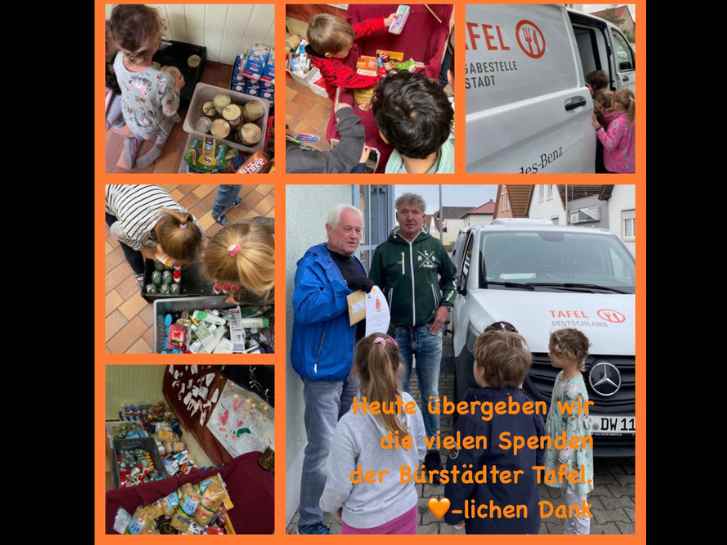 es ist eine Fotocollage abgebildet, bestehende aus 6 Fotos, 5 kleine oben und seitlich links und 1 größeres Foto rechts unten. Einige Kinder der KiTa Biblis sind zu sehen. Das kleine Bild rechts oben zeigt, wie ein Kind in das Sammelauto der Tafel Bürstadt hineinschaut. Auf dem großen Bild wird gezeigt, wie 3 Kinder eine Spendenliste an die zwei Fahrer der Tafel Bürstadt übergeben. Im Hintergrund ist das Tafelauto zu sehen.