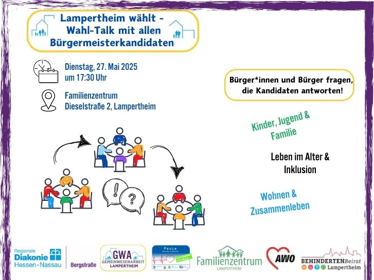 Der Wahl-Talk der Regionalen Diakonie Bergstraße zusammen mit PAula, Familienzentrum, Behindertenbeirat Lampertheim und AWO findet am 27. Mai um 17:30 Uhr im Familienzentrum statt.