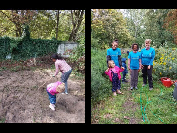 Auf dem linken Bild gräbt eine Frau die Erde um, Ein Mädchen schaut in ein Loch. Das rechte Bild zeigt drei Frauen mit dem Freiwilligentag T-Schirt. Im Vordergrund steht ein Mädchen an die Mutter gelehnt, im Hintergrund ist ein Junge zu sehen.